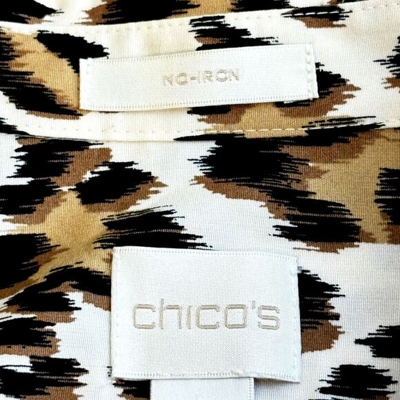 Chicos Sz 1 US 8 Womens No Iron Blouse Leopard Animal Long Sleeve Brown Beige - Picture 5 of 8